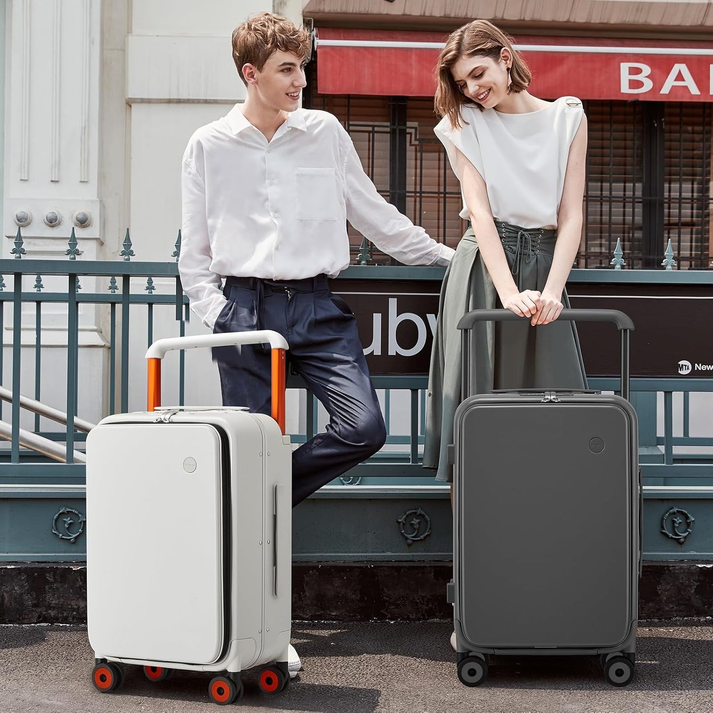 mixi Carry On Luggage Wide Handle Luxury Design Rolling Travel Suitcase PC Hardside with Aluminum Frame Hollow Spinner Wheels, with Cover, 20 inch, Rock Grey