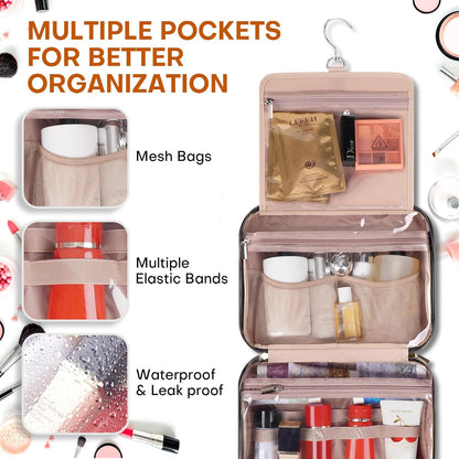 Hanging Toiletry Bag for Women Travel, 2 Sizes Large & Small Waterproof Cosmetic Organizer with 4 Compartments, Rotating Hook, Foldable Pink Travel Bag for Toiletries & Makeup - Large Black