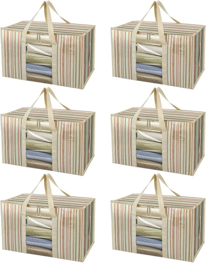BALEINE 6-Pack Oversized Moving Bags with Reinforced Handles, Heavy-Duty Storage Tote for Clothes, Moving Supplies (Color Stripe with Window, 6-Pack)