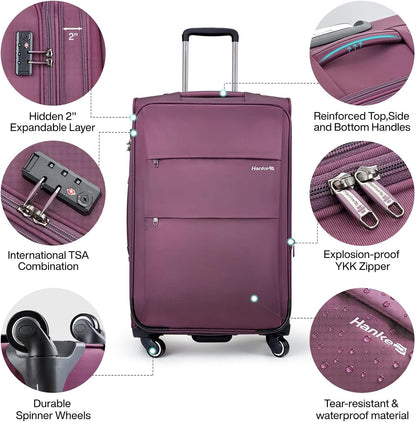 Hanke 20/28 Inch 2 Piece Luggage Sets with Spinner Wheels Expandable Luggage Large Suitcases with Wheels Lightweight Travel Luggage Rolling Suitcase with Lock Softside Checked Luggage.(Purple)
