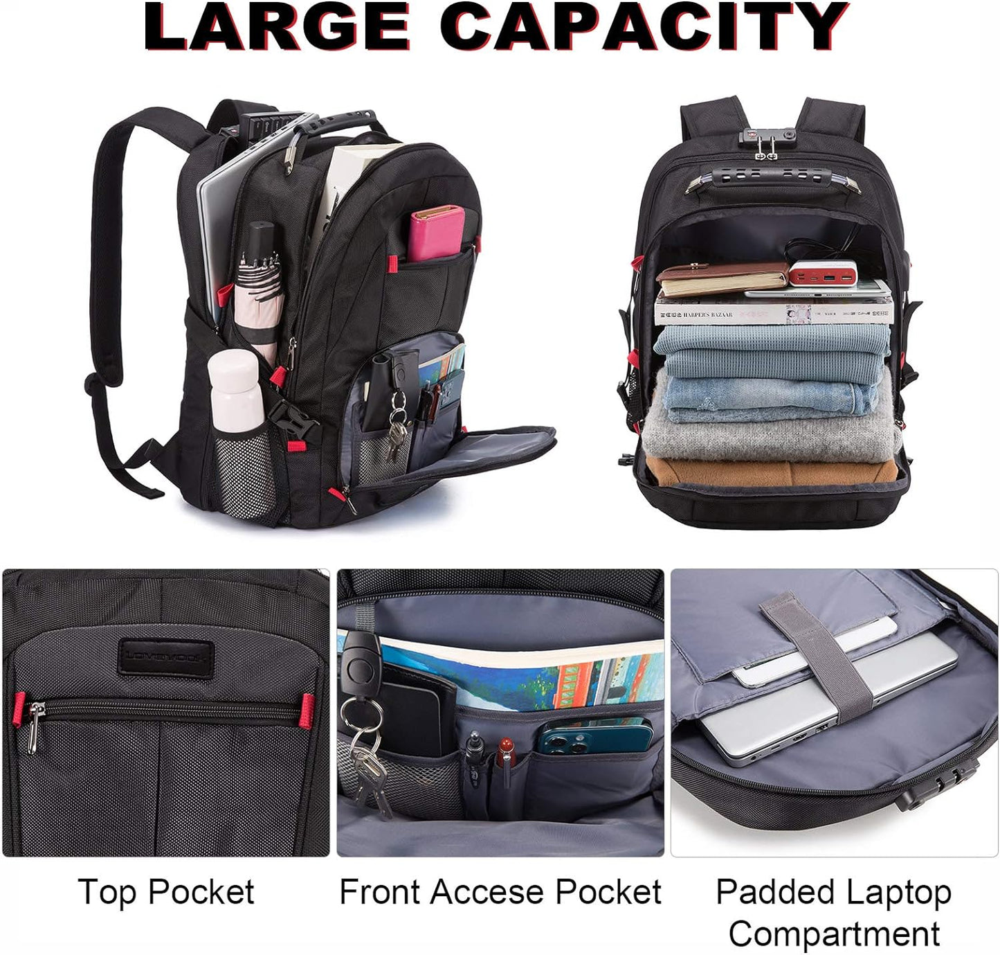 LOVEVOOK Travel Laptop Backpack Waterproof Anti Theft with Lock and USB Charging Port Large Computer Business Backpack for Men Women College (17 inch, Black)