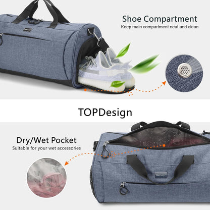 TOPDesign Gym Bag for Women & Men, Unisex Duffel Bag with Shoe Compartment & Wet Pocket for Travel Sports Gym (M Textured Blue)