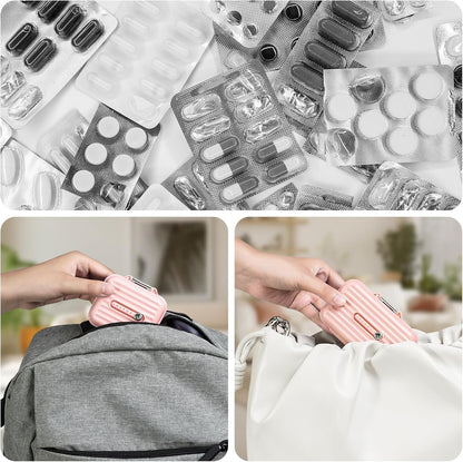 Travel Pill Organizer Box with Medicine Labels, 7 Compartments Portable Pill Case, Daily Medication Organizer Storage Pill Container for Pocket Pharmacy(Pink, L)