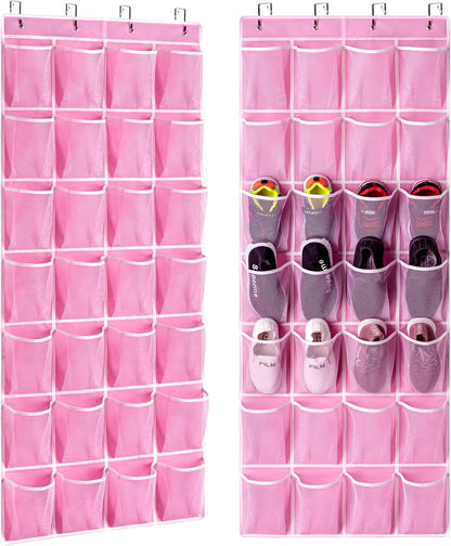 KEEPJOY 28 Pocket Over The Door Shoe Organizer, 2Pack Hanging Shoe Organizer for Door, Hanging Door Shoe Holder Rack with Mesh Pockets Large Size 65 x 23 inch (Pink-2Pack)