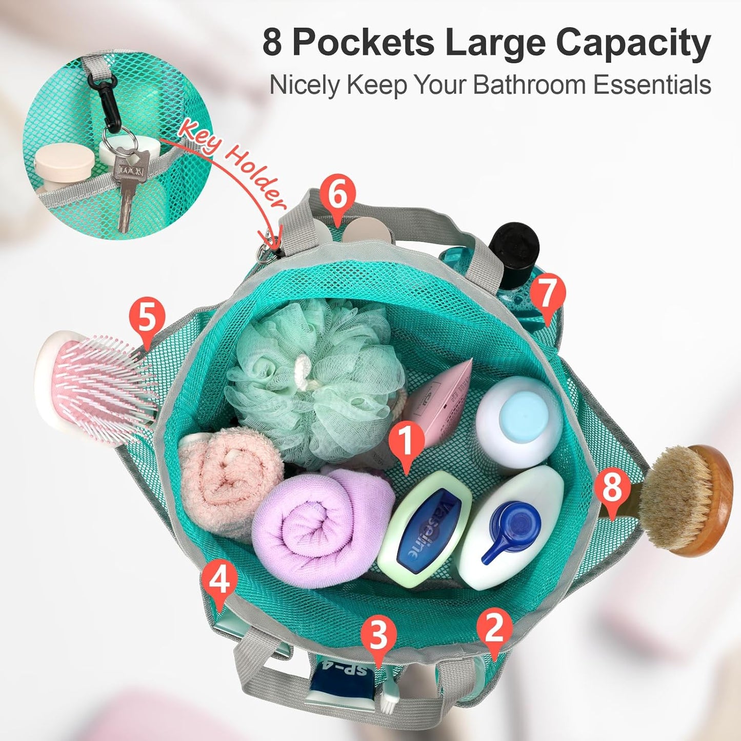F-color Mesh Shower Caddy Portable with Drawstring - Upgrade Deeper 7 Pockets Dorm Room Essentials for Guys Girls with S Hook, Shower Bag Basket Tote for College Camping Toiletry Bathroom, Mint Green