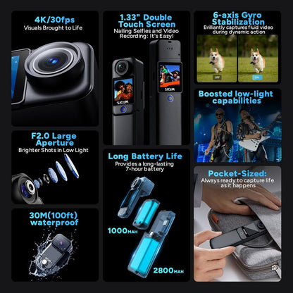 SJCAM C300 Pocket Action Camera 4K,7Hour Power, 6-Axis Stabilization, Dual-Touch Screen Body Camera,30M Waterproof,Vlogging and YouTube Live Streaming,with Accessories Kits,Black,Gifts with 64G Card
