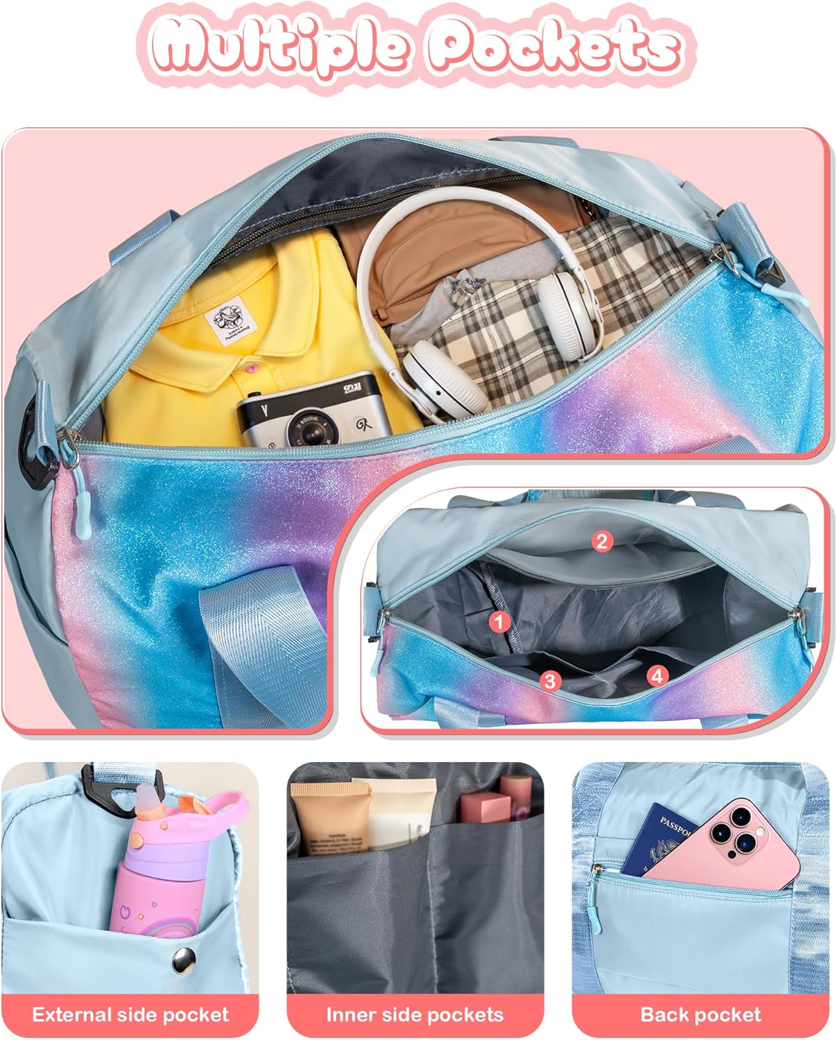 Gifts for 3 4 5 6 7 8 9 10 Year Old Girls-Girl Gym Bag with Shoe Compartment, Kid Personalized Weekender Overnight Bags, Initial Travel Tote with Makeup Pouch, Gift Ideas for Kids (Letter M)