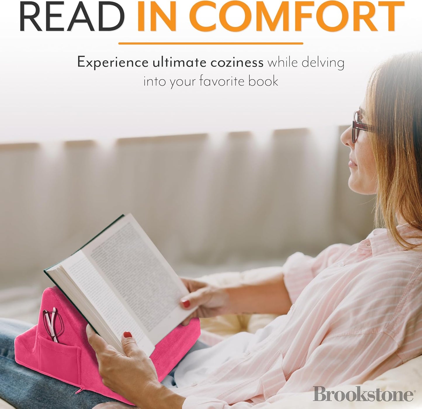 Brookstone, Memory Foam Lap Desk Tablet Holder, Holds Phones, iPads, E-Book Readers, 2 Viewing Angles, 2 Side Pockets for Accessories, Book Holder Cushion, Perfect Home, Car Travel, Flights, Pink