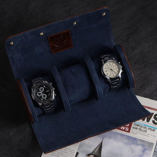 Genuine Napa Leather Watch Roll Travel Case for 3 Watches - Travel Watch Rolls and Leather Watch Display Cases with Velvet Interior - Watch Storage Organizer Men's