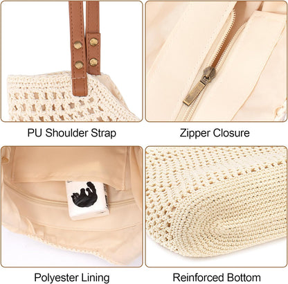 Peicees Crochet Beach Bag For Women Summer Tote Bag Boho Shoulder Bag With Leak-Proof Lining for Vacation Travel Woven Purse