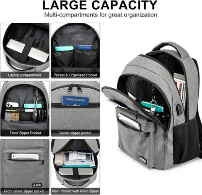 School Backpack for Teen Boys & Girls Students, 15.6 Inch Laptop Backpack with USB Charging Port - College Business Travel Bookbag, Grey