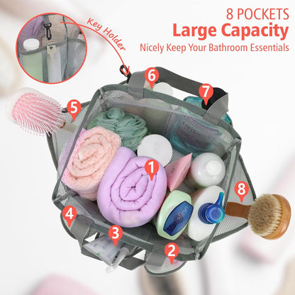 F-color Mesh Shower Caddy Portable, Upgrade Deeper 7 Pockets Shower Bag Basket Tote for College Dorm Room Toiletry Bathroom Essentials Gym Camp Quick Dry 2 handles with S Hook, Grey