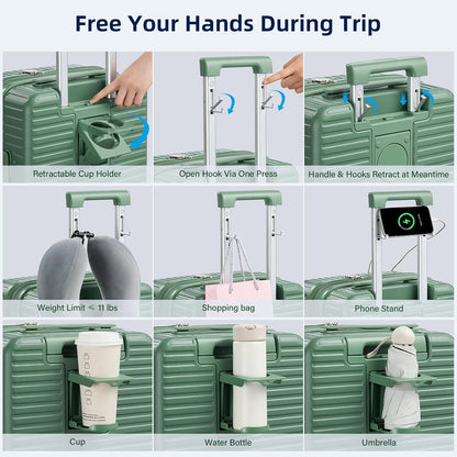 Hard Shell Suitcases Airline Approved 20 Inch Carry on Luggage, Expandable Travel Luggage with Cup Holder Charger Built in, Small Lightweight Suitcases with Wheels, Forest Green