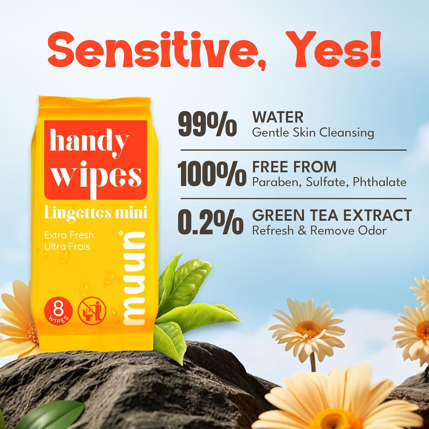Mini Travel Wipes (8 packs, 8 wipes each) - Compact Wet Wipes for Hands and Face, Green Tea Scent, On The Go Wipes for Camping & Travel, Skin-Friendly for Adults, Total 64 Ct.