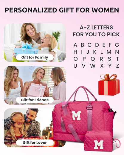Women Gift, Teen Gifts for Girls-Initial Travel Bag with Shoe Compartment, Personalized Weekender Bag, Monogram Overnight Bag for Women, Letter Travel Bag with Makeup Bag (Letter A)