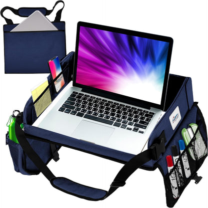 Travel Lap Desk, Travel Tray, Portable Lapdesk for Car, Remote Work, Road Trips, School, Laptop Pad with Storage Pocket, Tablet Holder, Shoulder Strap, Fits up to 15.6-Inch Laptop (Navy)