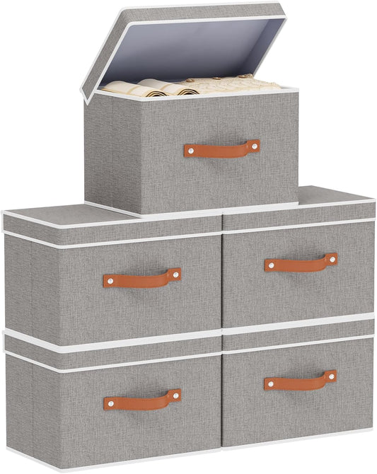 Collapsible Storage Bins with Lids, 5 Pack Linen Foldable Cloth Baskets, 15 x 9.8 x 9.8 Inch Closet Organizer Containers with Double Handles, Sweater Boxes for Bedroom, Grey