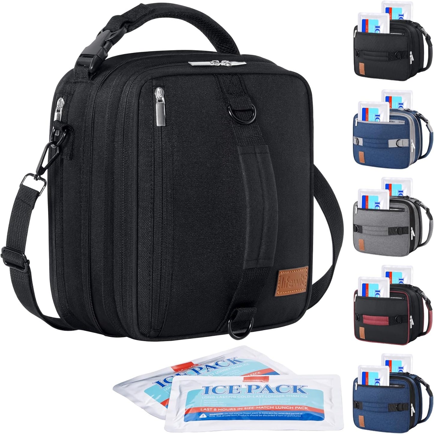Lifewit Insulated Lunch Box for Men, Expandable Cooler Bag, Freezable Lunch Bag for Women with 2 Ice Packs and Shoulder Straps for Work Travel College, 8.2L Black