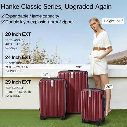 Hanke Expandable Hardshell Luggage Sets 3 piece Carry On Luggage with Wheels Suitcases Lightweight Checked Tsa Luggage Rolling Large Suitcase Travel Luggage Bag Woman Men 20/24/29 Inch(Burgundy)