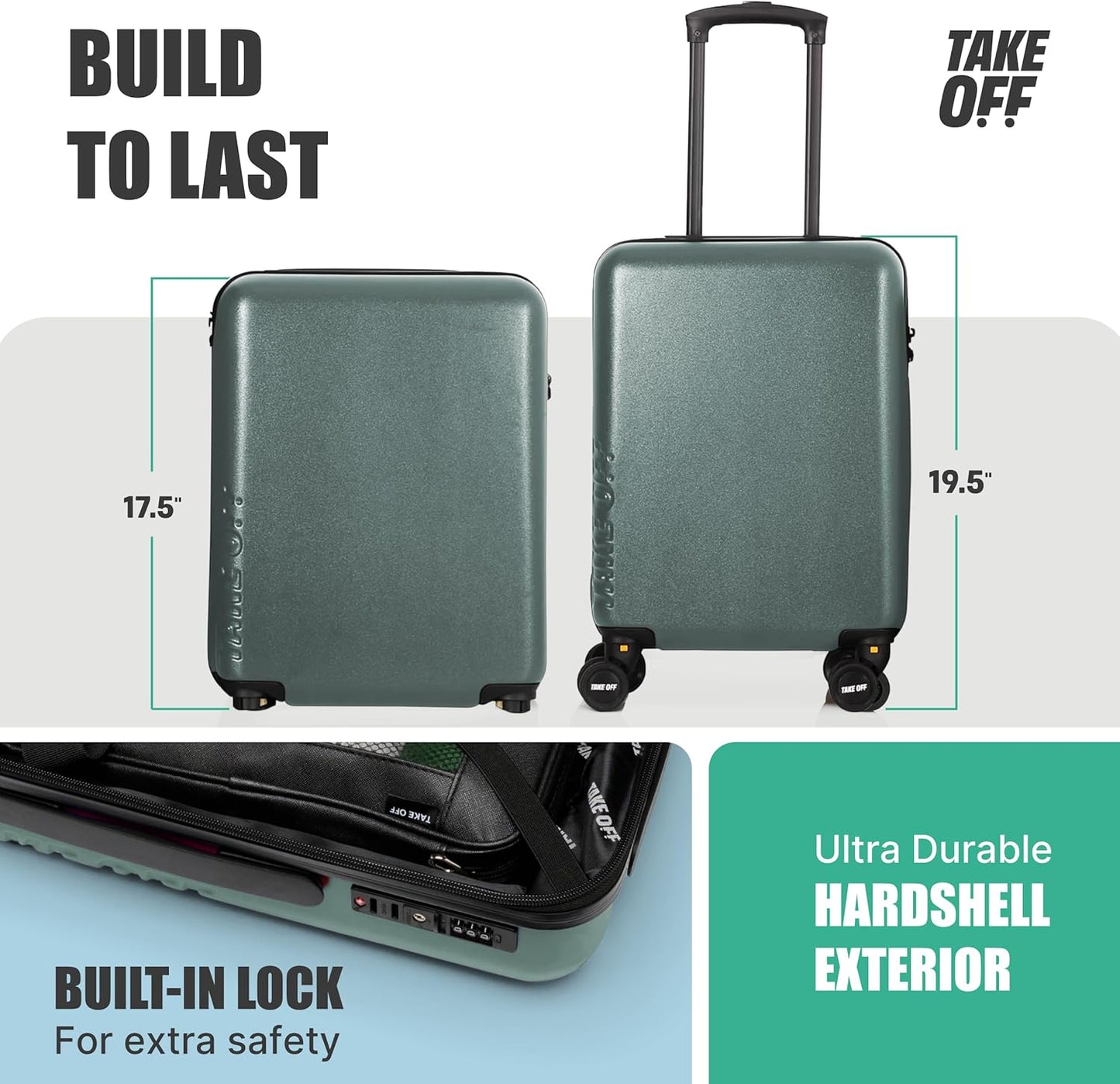 Take OFF Luggage Personal Item 3.0 – 18x14x8 Underseat Carry On with Removable Wheels – TSA Lock, Hardshell Suitcase – Fits Tight Airline Size Rules – No-Fee Lightweight Travel Bag