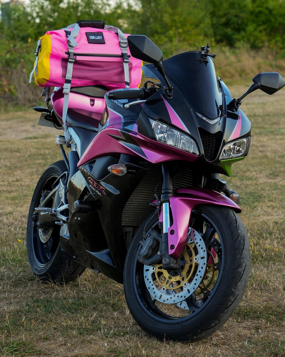 IRON JIA'S Motorcycle Dry Bag - Waterproof Duffle & Luggage Tail Bag Saddle Bags with Roll Top Closure, Shoulder Straps, Inner Pocket and Mesh Pocket (Pink, 30L)