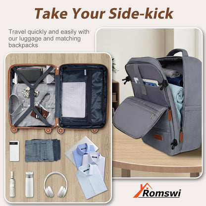 Romswi Luggage Sets 2 Piece 22In, Expandable 22x14x9 Carry On Luggage with Travel Backpack, PC+ABS Hardside Suitcase Set with TSA Lock, Durable Carry On Suitcase with Spinner Wheels Silver
