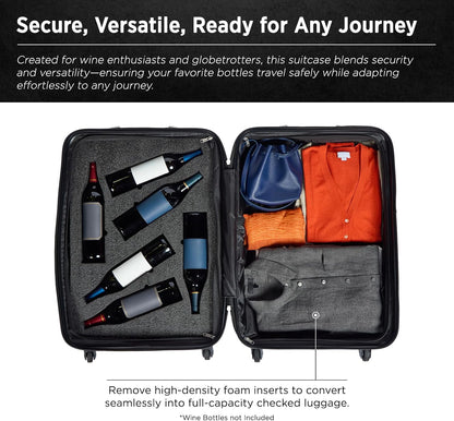FlyWithWine® by VinGardeValise 12-Bottle Hard Shell Wine Suitcase with Hinomoto 360° Spinner Wheels – TSA Approved Wine Luggage with Removable Foam Insert and 18 Wine Accessories