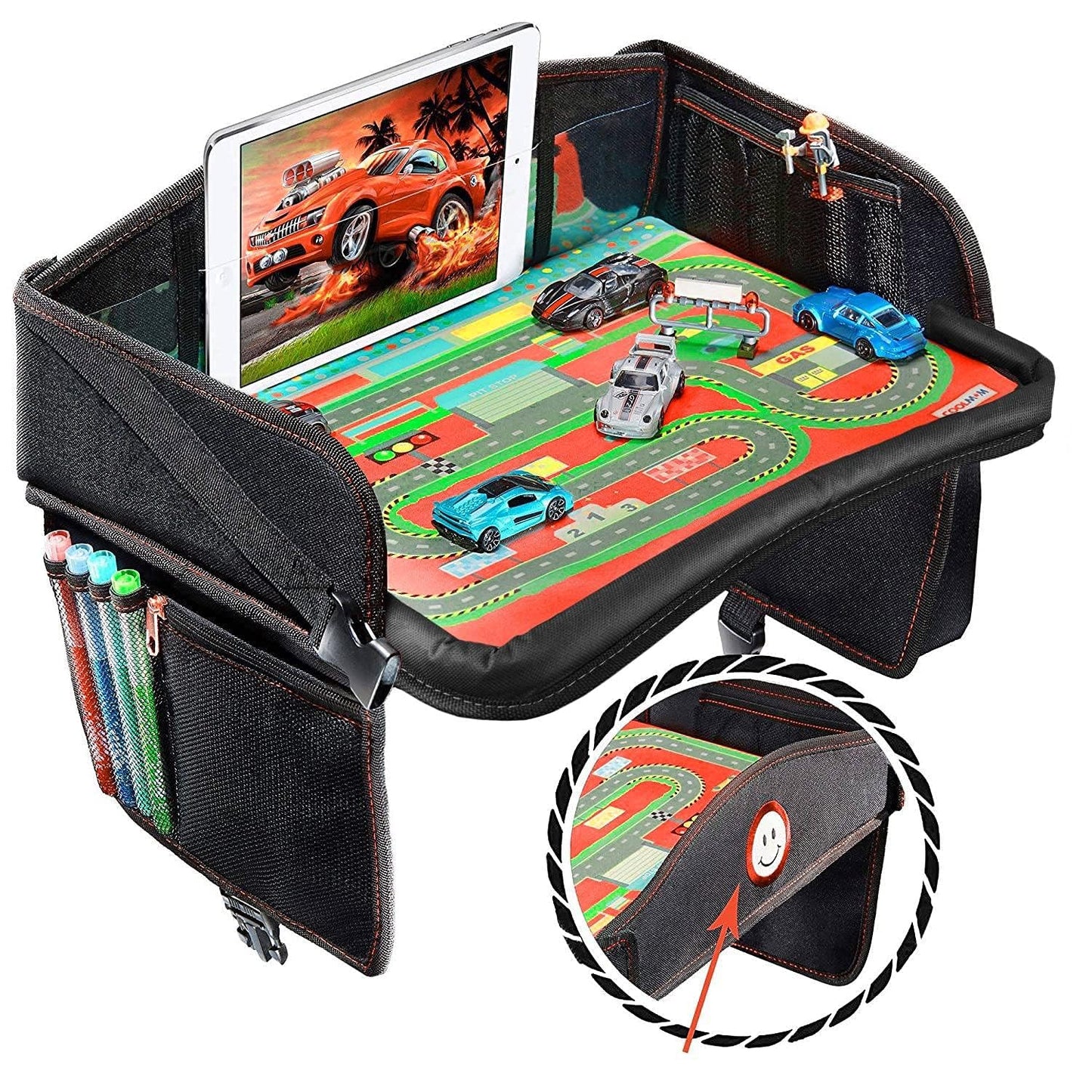 Coolmum Kids Travel Tray, Toddler Car Seat Tray, Double Sided Activity Organizer, Snack Lap Tray, Baby Stroller Table, Airplane Play Table, Waterproof and Foldable (Premium Black)
