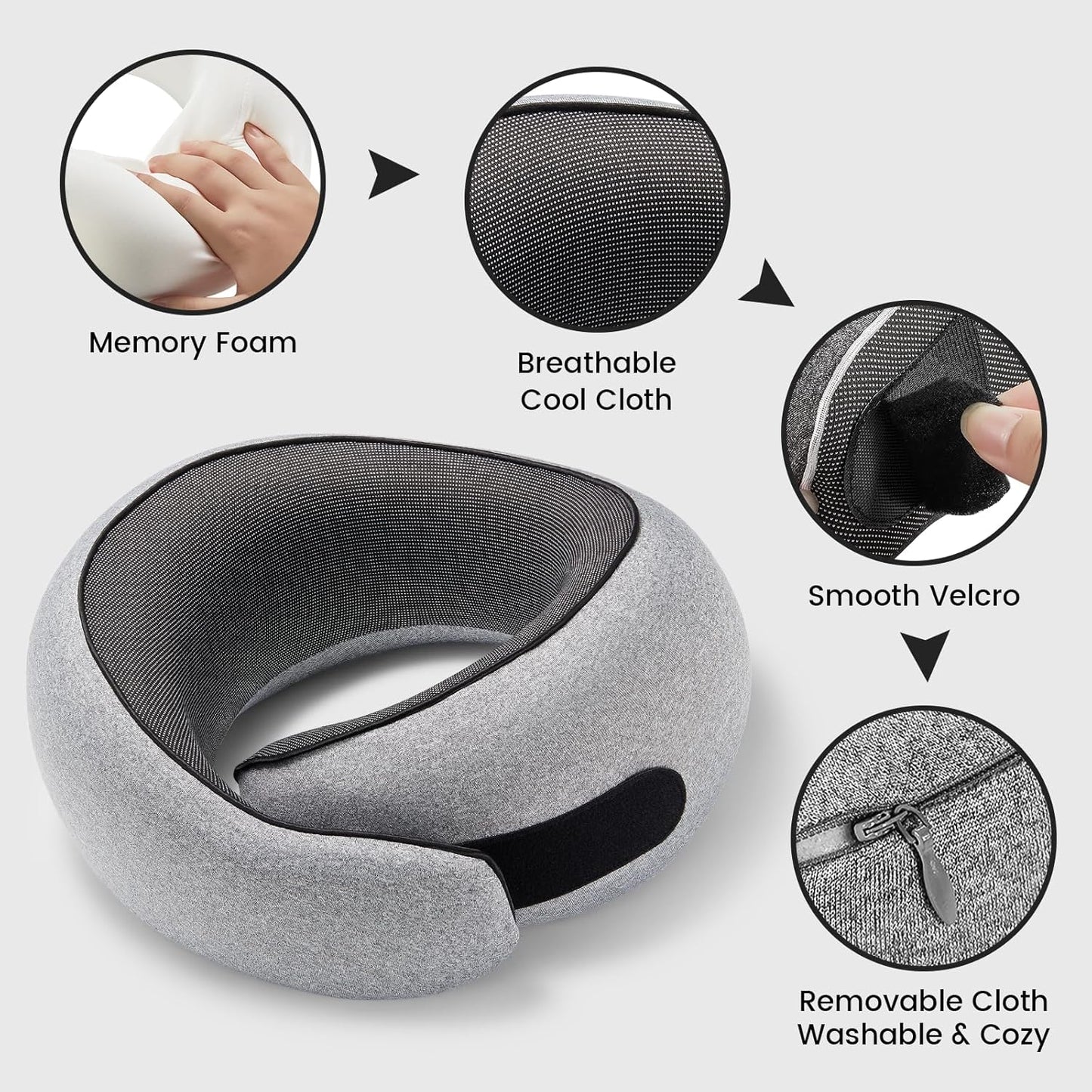 Travel Neck Pillows, 100% Memory Foam Filling, Travel Pillows for Airplanes, Compact and Ergonomic Design, Best for Sleeping Plane Train Travel Essentials (Light Grey)