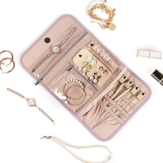 BELALIFE Travel Jewelry Case Organizer, Foldable Storage Roll for Earrings, Necklaces, Rings, Bracelets, Brooches, Peach Pink