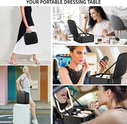 Lighted Travel Makeup Bag - 3 Colors, Mirror, 2-Layer Organizer with 10X Magnifying Mirror - Portable Cosmetic Case with Adjustable Dividers (Black)