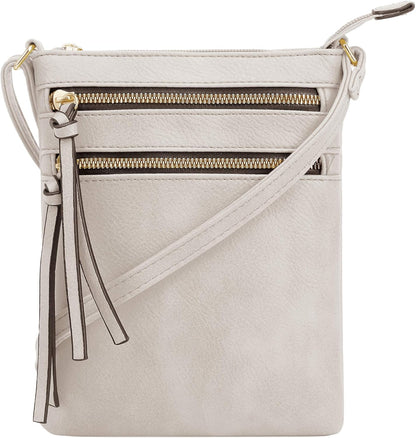 DELUXITY | Crossbody Purse Bag | Functional Multi Pocket Double Zipper Purse | Adjustable Strap | Medium Size Purse | Beige