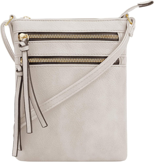 DELUXITY | Crossbody Purse Bag | Functional Multi Pocket Double Zipper Purse | Adjustable Strap | Medium Size Purse | Beige