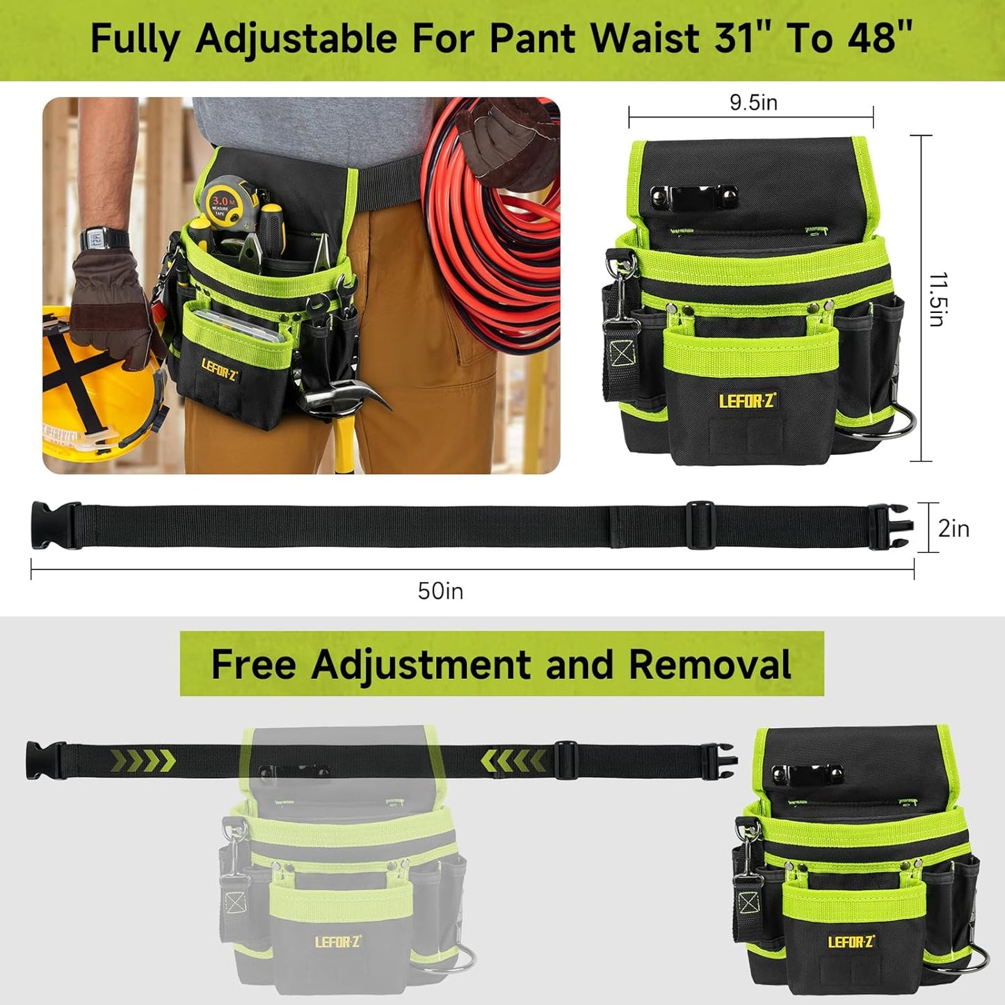 Tool Belt,Magnetic Tool Pouch,14-Pockets Tool Belts for Men,Detachable & Adjustable Tool Pouch belt for Electrician,Carpenter,Construction,Work Apron,Utility Belt,Black-Green