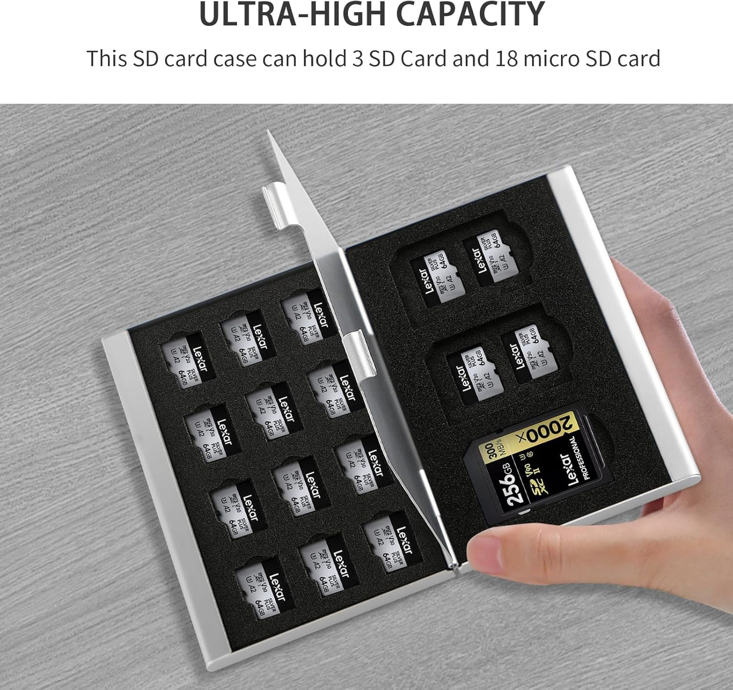 Aluminum SD Card Case, 21Slots Ultrathin SD Card Holder, Memory Card Storage Holder, Fit for 3 SD Card, 18 Micro SD Card, Silver