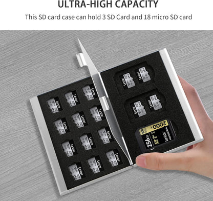 Aluminum SD Card Case, 21Slots Ultrathin SD Card Holder, Memory Card Storage Holder, Fit for 3 SD Card, 18 Micro SD Card, Silver