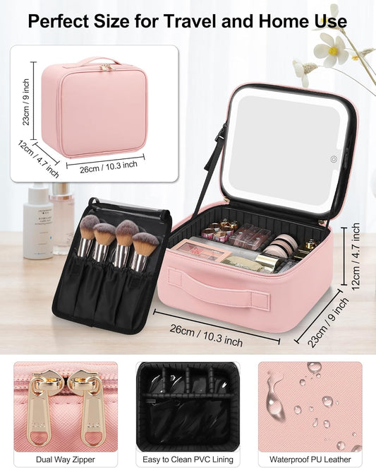 Chomeiu Makeup Bag with LED Mirror, Cute Cosmetic Bags Birthday Gifts for Girls Women, Makeup Train Case Artists Organizer Large Make Up Bags with Light Up Mirror 3 Color Lights, Pink