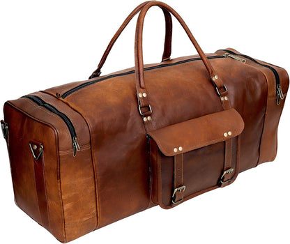 Leather 24 Inch Luggage Handmade Duffel Bag Carryall Weekender Travel Overnight Gym Sports Carry On Duffel Bag For Men And Women