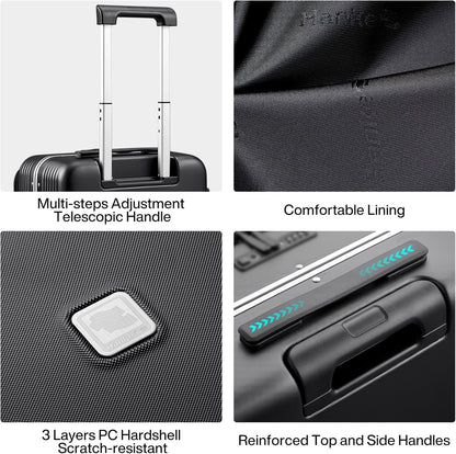 Hanke Grace Hard Shell Suitcases with Wheels,20 Inch Carry On Luggage Airline Approved with Aluminum Frame, Travel suitcase with Front Pocket Travel Luggage for Short Business Trips, Jet Black.