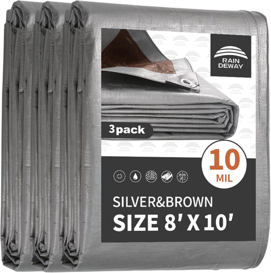 Tarps Heavy Duty Waterproof 8x10 Feet (3 Pack), 10Mil Multipurpose Poly Tarp Cover with Metal Grommets and Reinforced Edges, Silver/Brown Tarp by RAINDEWAY