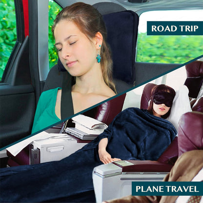 PAVILIA Travel Blanket and Pillow, Arms Opening Airplane Blankets for Adults, Compact Plane Blanket with Arm Hole 2-in-1 Bag for Flight Car Camping Fit in Luggage Backpack Traveler Gift, Navy Blue
