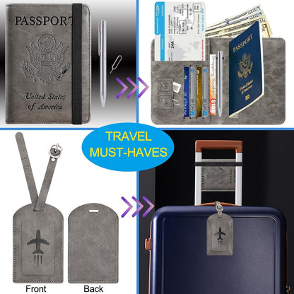 Passport Holder With Luggage Tag Travel Essentials Passport Cover Wallet RFID Blocking Leather Case International Must Haves Travel Accessories Women Men(115#Grey)