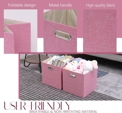 Pink Cube Storage Organizer Bins 13x13x13 Inch, 4 Pack Collapsible Organization Baskets with Handles, Thick Fabric Foldable Storage Boxes for Kallax Shelf Bookcase Closet Cabinet