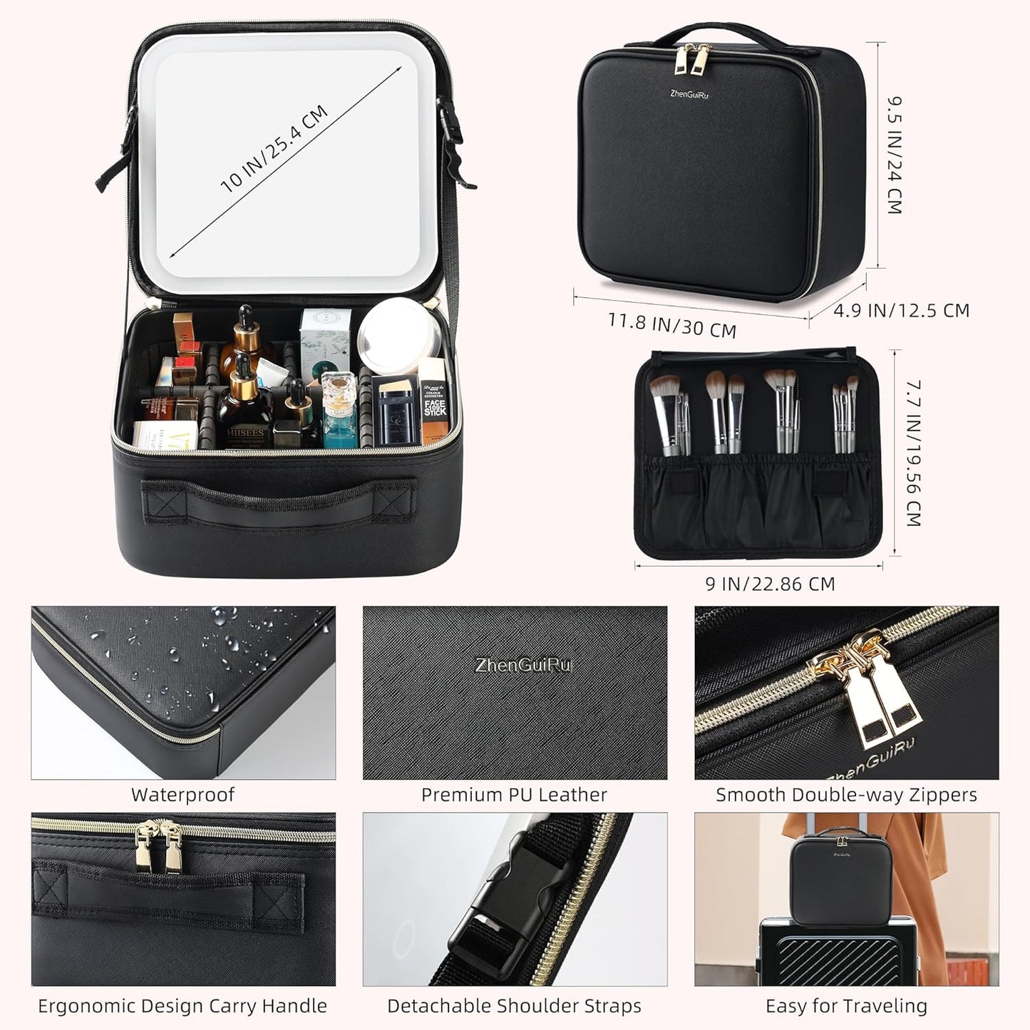 Travel Makeup Bag with LED Mirror – Waterproof Cosmetic Train Case with Adjustable Dividers, Portable Makeup Organizer and Toiletry Bag for Women, Teens & Girls Gift, Black