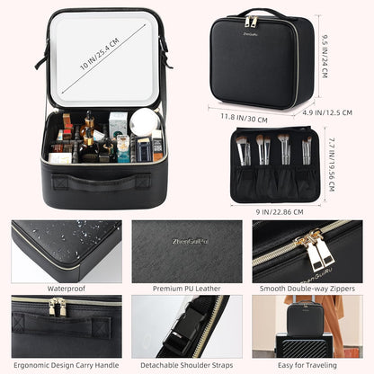Travel Makeup Bag with LED Mirror – Waterproof Cosmetic Train Case with Adjustable Dividers, Portable Makeup Organizer and Toiletry Bag for Women, Teens & Girls Gift, Black