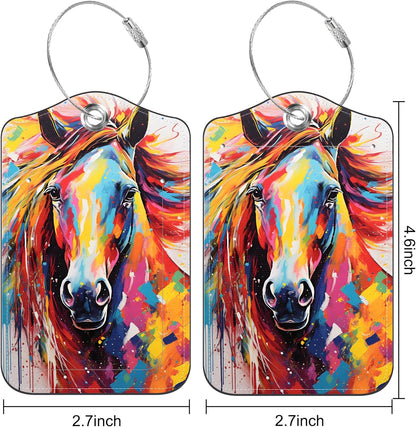 Set of 2 Luggage Tags for Suitcase Abstract Horse Leather Baggage Tags Set with Stainless Steel Loop Name Address Labels Privacy Cover for Men Women Travel Bag Suitcase, 4.6 x 2.7 inch