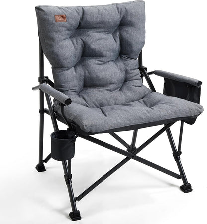EVER ADVANCED Padded Oversized Folding Camping Chair for Adults, Heavy Duty Lawn Chair with Side Pockets, Portable Collapsible Quad Chair for Outside, Support Up to 500lbs, Grey