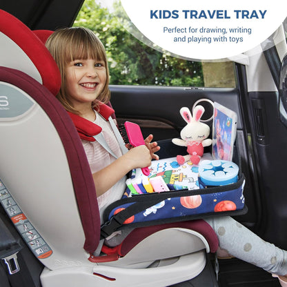 COOLBEBE Kids Travel Tray for Toddler Car Seat, Travel Tray for Airplane, Toddler Car Seat Lap Tray, Carseat Table Tray for Kids Travel Activities (Blue Space)