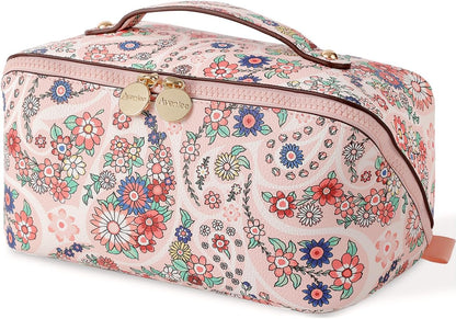 Aveniee Travel Makeup Bag for Women, Large Cosmetic Organizer with Open-Flat Design, Clear Divider & Handle - Waterproof PU Leather Toiletry Case (Floral Pattern)