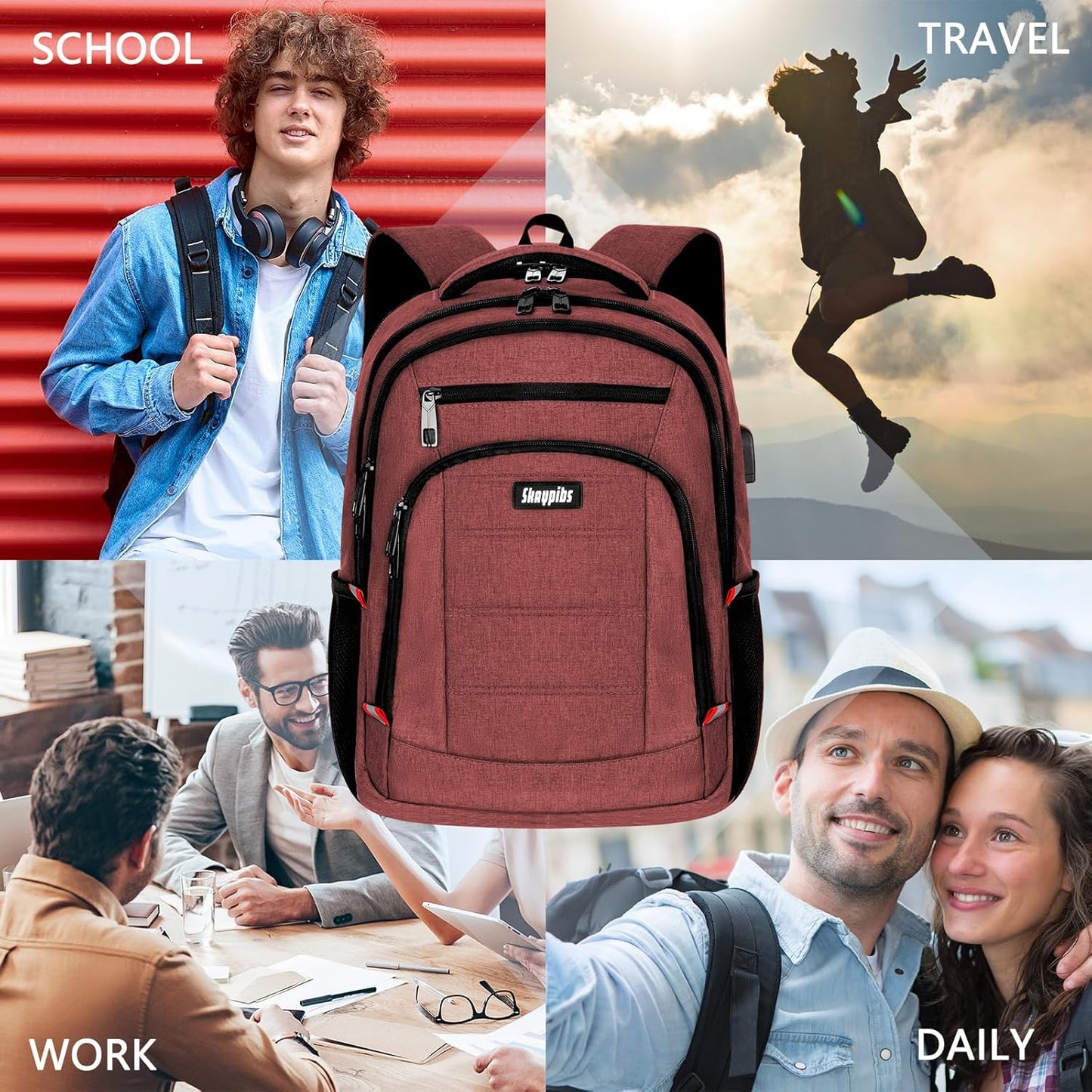 Backpack for Women Men, Travel School Backpacks for Teen Boys, Bookbag with USB Charging Port, Anti Theft College Backpack Fits 15.6 Inch Laptop, Casual Work Business Back Pack, Red